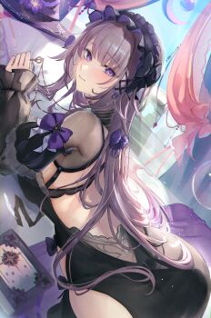 1girl absurdres alternate_costume backless_dress backless_outfit black_dress black_hairband black_shrug breasts closed_mouth dress grey_hair hair_spread_out hairband hat herta_(honkai:_star_rail) highres holding holding_key honkai:_star_rail honkai_(series) indoors jewelry key key_necklace long_hair looking_at_viewer lying medium_breasts necklace on_bed on_stomach otabaaa purple_eyes shrug_(clothing) solo the_herta_(honkai:_star_rail) unworn_hat unworn_headwear very_long_hair witch_hat