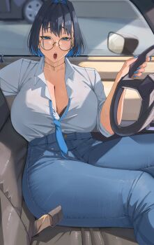 1girl alternate_costume archinoer black_bra blue_eyes blue_hair blue_nails blue_necktie bra bra_peek breasts car_interior car_seat cleavage collared_shirt denim hair_intakes highres hololive hololive_english jeans jewelry large_breasts looking_at_viewer loose_necktie nail_polish necklace necktie open_mouth ouro_kronii pants partially_unbuttoned round_eyewear seatbelt shirt shirt_tucked_in short_hair sitting solo steering_wheel underwear virtual_youtuber white_shirt window