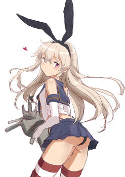 1girl ass black_neckerchief black_panties blonde_hair blue_sailor_collar blue_skirt blush commentary_request elbow_gloves from_behind fuji_(pixiv24804665) gloves heart highres kantai_collection long_hair looking_at_viewer looking_back miniskirt neckerchief panties pantyshot parted_lips pleated_skirt purple_eyes red_thighhighs rensouhou-chan sailor_collar sailor_shirt shimakaze_(kancolle) shirt simple_background sketch skirt sleeveless sleeveless_shirt solo striped_clothes striped_thighhighs thighhighs underwear white_background white_gloves white_shirt