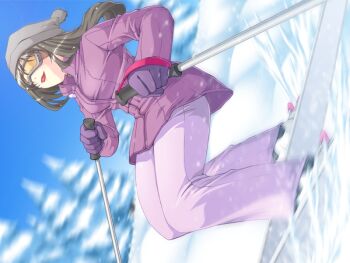 1girl eroge_honpo female_focus fukuda_saori game_cg goggles kankin_koukan skis sky snow solo sportswear
