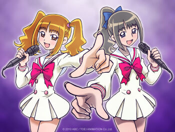 2010 2girls :d bare_legs blue_ribbon bow bowtie brown_eyes brown_hair buttons commentary copyright_notice cowboy_shot double-breasted dress e-ken fingernails grey_eyes grey_hair hair_ornament hair_ribbon hair_tie heartcatch_precure! high_ponytail holding holding_microphone ikeda_aya index_finger_raised kudou_mayu legs_together light_blush long_hair looking_at_viewer microphone multiple_girls music myoudou_gakuen_middle_school_uniform official_style open_mouth outstretched_arm pleated_dress pointing pointing_at_viewer ponytail precure purple_background red_bow red_bowtie ribbon sailor_collar school_uniform short_dress side-by-side singing sleeve_cuffs smile standing twintails umakoshi_yoshihiko_(style) white_sailor_collar yellow_dress
