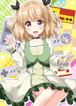 1girl :d black_choker black_ribbon blonde_hair blush brown_eyes choker collarbone commentary_request dress famicom feet_out_of_frame frilled_dress frills game_console green_dress hair_ribbon hand_up highres iijima_yun long_sleeves looking_at_viewer new_game! open_mouth outline ribbon ruu_(tksymkw) short_hair smile solo super_famicom two_side_up white_outline