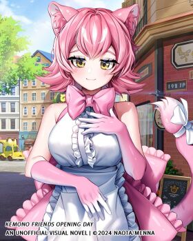 1girl animal_ears apron bow bowtie copyright_name elbow_gloves extra_ears gloves kemono_friends kemono_friends_opening_day looking_at_viewer menna_(0012) panther_ears panther_girl panther_tail peach_panther_(kemono_friends) pink_hair ribbon shirt short_hair skirt sleeveless sleeveless_shirt solo tail yellow_eyes