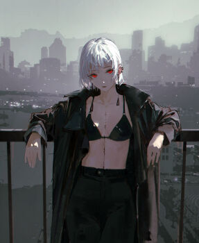 1girl absurdres animal_ears bikini black_bikini black_coat black_pants chainsaw_man coat commentary dino_(dinoartforame) earrings fami_(chainsaw_man) highres jewelry long_sleeves looking_at_viewer open_clothes open_coat pants parted_lips railing red_eyes short_hair solo stitches stomach swimsuit symbol-only_commentary white_hair