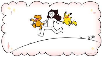 agumon claws digimon gen_1_pokemon happy highres jaiden_(jaiden_animations) jaiden_animations long_hair nintendo pikachu pokemon running smile sparkle tail