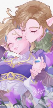 1boy 1girl artist_name blonde_hair blue_shirt chatgris8 closed_eyes commentary couple english_commentary eyelashes fingerless_gloves flower gloves hair_ornament hairclip hetero highres holding_hands imminent_kiss jewelry kiss link looking_at_another nintendo one_eye_closed pointy_ears princess_zelda ring shirt short_hair smile sweater the_legend_of_zelda the_legend_of_zelda:_tears_of_the_kingdom turtleneck turtleneck_sweater