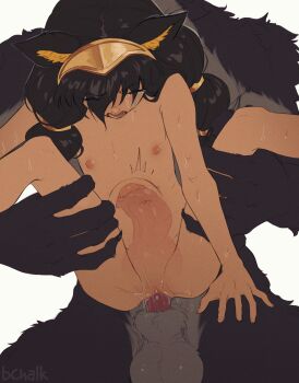 1boy 1girl animal_ear_fluff animal_ears animal_penis artist_name black_hair blurry blurry_background butterchalk closed_eyes collarbone commentary crying crying_with_eyes_open flat_chest furry furry_male furry_with_non-furry grey_background hair_between_eyes hair_ornament hetero highres interspecies knotted_penis loli long_hair looking_down nipples original parted_lips penis pussy sex simple_background size_difference stomach_bulge sweat tears teeth testicles tiara twintails vaginal werewolf wolf_ears wolf_girl x-ray