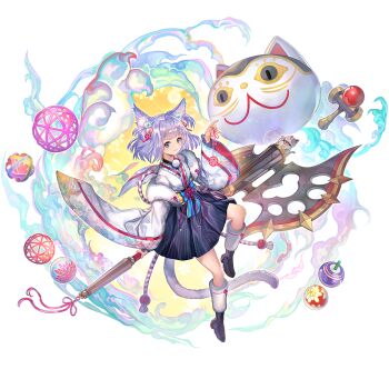 1girl animal_ear_fluff animal_ears another_eden axe black_boots blue_bow blue_eyes blue_hair blue_skirt blush boots bow breasts cat cat_ears cat_girl cat_tail closed_mouth double-sided_axe full_body hair_bobbles hair_ornament hakama hakama_skirt hand_up highres holding holding_axe holding_weapon huge_weapon japanese_clothes kendama kimono long_sleeves looking_at_viewer maneki-neko medium_hair necoco_(another_eden) official_art simple_background sitting_on_weapon skirt small_breasts smile smoke solo striped_clothes striped_skirt tachi-e tail weapon white_kimono wide_sleeves