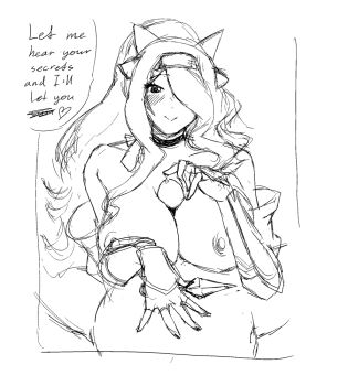 1boy 1girl bare_shoulders blush breasts camilla_(fire_emblem) camilla_(ninja)_(fire_emblem) chocker fire_emblem fire_emblem_fates fire_emblem_heroes hachimaki hair_over_one_eye hand_on_another&#039;s_stomach headband heart kunai large_breasts ninja nintendo nipples official_alternate_costume one_eye_covered paizuri penis ponytail precum speech_bubble unfinished weapon