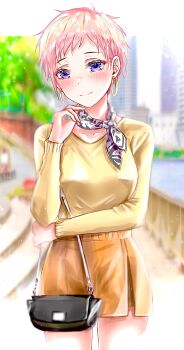 Rule 34 | 1girl, alternate hair length, alternate hairstyle, bag, blue eyes, blurry, blurry background, blush, breasts, building, closed mouth, commentary request, earrings, eyelashes, go-toubun no hanayome, hair behind ear, handbag, highres, hoop earrings, jewelry, long sleeves, nakano ichika, neckerchief, outdoors, pink hair, shirt, short hair, smile, solo, tree, upper body, very short hair, yahalashin, yellow shirt