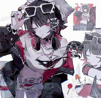 1girl abrnb adjusting_eyewear alternate_costume beanie black_hair black_jacket blue_pants breast_cutout breasts chibi cleavage_cutout closed_eyes closed_mouth clothing_cutout collar collarbone colored_inner_hair commentary_request crop_top ellen_joe eyewear_on_head fins fish_tail grey_hat hat headphones headphones_around_neck highres jacket jacket_partially_removed leaning_forward lollipop_in_mouth looking_at_viewer medium_breasts midriff multicolored_hair multiple_views navel one_eye_closed open_mouth pants razor_blade_hair_ornament red_eyes red_nails reference_inset scar scar_on_tail shark_girl shark_tail shirt short_hair simple_background single_bare_shoulder spiked_collar spikes sunglasses tail white-framed_eyewear white_background white_shirt zenless_zone_zero