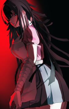 1girl apron bandaged_arm bandages black_background black_hair blue_skirt breasts danganronpa_(series) danganronpa_2:_goodbye_despair from_side highres large_breasts long_hair looking_at_viewer miniskirt open_mouth pink_shirt pleated_skirt puffy_short_sleeves puffy_sleeves red_background shirt short_sleeves sideways_glance skirt solo taku_an_(hayasidesuyo123) tsumiki_mikan white_apron