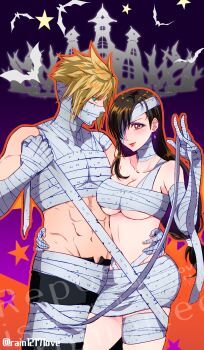 1boy 1girl abs absurdres arm_around_back bandaged_arm bandaged_hand bandaged_head bandaged_leg bandaged_neck bandages bare_shoulders bat_(animal) black_hair black_pants blonde_hair blue_eyes blush breasts castle cleavage cloud_strife collarbone commentary covered_mouth cowboy_shot earrings english_commentary eyeliner final_fantasy final_fantasy_vii final_fantasy_vii_remake halloween halloween_costume hand_on_another&#039;s_hip hand_on_another&#039;s_thigh height_difference highres holding_bandages jewelry large_breasts lips long_hair looking_at_viewer low-tied_long_hair makeup matching_outfits midriff mixed-language_commentary mummy mummy_costume one_eye_covered open_fly pants purple_eyeliner rain1217love red_eyes red_lips short_hair single_earring spiked_hair star_(symbol) stomach tifa_lockhart twitter_username underboob