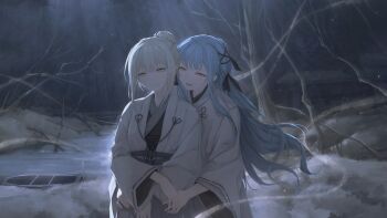 2girls absurdres bang_dream! bang_dream!_it&#039;s_mygo!!!!! blue_hair boat brh chinese_commentary closed_mouth commentary_request green_hair hair_bun hand_on_another&#039;s_waist highres long_hair long_sleeves lower_teeth_only multiple_girls open_mouth short_hair sidelocks single_hair_bun teeth togawa_sakiko tree wakaba_mutsumi watercraft white_background yellow_eyes yuri