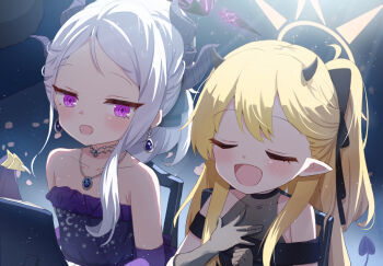 2girls :d black_horns blonde_hair blue_archive closed_eyes commentary_request demon_horns demon_wings dress earrings elbow_gloves gloves halo highres hina_(blue_archive) hina_(dress)_(blue_archive) horns ibuki_(blue_archive) ibuki_(dress)_(blue_archive) jewelry long_hair mikumiku37 multiple_girls necklace official_alternate_costume open_mouth pendant purple_dress purple_eyes purple_gloves purple_halo smile strapless strapless_dress wings yellow_halo