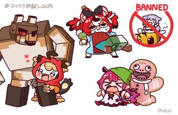 >_< 4girls absurdres ahoge animal_ears blush_stickers brown_hair chibi chibi_only fang food full_body gigi_murin grey_hair hakos_baelz heart highres hololive hololive_english hood ice_cream irys_(hololive) koseki_bijou long_hair minecraft mochigome_(h0_pj) mouse_ears multicolored_hair multiple_girls purple_eyes red_hair transparent_background two-tone_hair virtual_youtuber wolf zombie