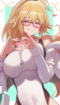Rule 34 | 0nineo9, 1girl, :q, absurdres, bare shoulders, black-framed eyewear, blonde hair, blush, breasts, collarbone, commentary, commission, competition swimsuit, covered navel, cross, cross earrings, earrings, fate/grand order, fate (series), glasses, half-closed eyes, heart, heart-shaped pupils, heart hands, high ponytail, highleg, highleg one-piece swimsuit, highres, impossible clothes, impossible swimsuit, jacket, jeanne d'arc (fate), jeanne d'arc (swimsuit archer) (second ascension) (fate), jewelry, large breasts, long hair, one-piece swimsuit, ponytail, smile, solo, swimsuit, symbol-shaped pupils, tongue, tongue out, whistle, whistle around neck, white jacket, white one-piece swimsuit