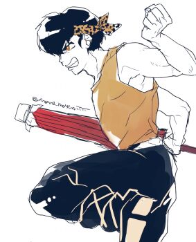 Rule 34 | 1boy, black hair, brown eyes, brown shirt, clenched hand, commentary request, cosplay, headband, hibiki ryouga, hibiki ryouga (cosplay), holding, holding weapon, juumonji tsubasa, kyoukai no rinne, male focus, mame moyashi, ranma 1/2, shirt, short hair, simple background, sleeveless, sleeveless shirt, solo, standing, standing on one leg, weapon, white background