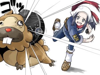 Rule 34 | 1girl, akari (pokemon), bidoof, black hair, black sash, blue kimono, blue pants, brown sandals, buck teeth, bulging eyes, commentary request, full body, galaxy expedition team survey corps uniform, gen 4 pokemon, gigaton ball, headscarf, highres, holding, holding poke ball, in the face, injury, japanese clothes, kimono, long hair, majunia, nintendo, obi, pain, pants, poke ball, pokemon, pokemon (creature), pokemon legends: arceus, pouch, red scarf, sandals, sash, scarf, sidelocks, simple background, socks, standing, standing on one leg, teeth, throwing, throwing poke ball, veins, white background, white headscarf, white socks