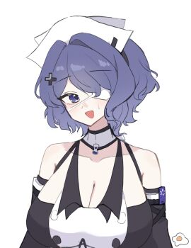 1girl :d arknights bare_shoulders black_dress breasts cleavage collarbone commentary dress eyepatch fried_egg hair_intakes hair_ornament highres hmrsh huge_breasts looking_at_viewer medical_eyepatch open_mouth purple_eyes purple_hair short_hair smile solo sweatdrop upper_body whisperain_(arknights) x_hair_ornament