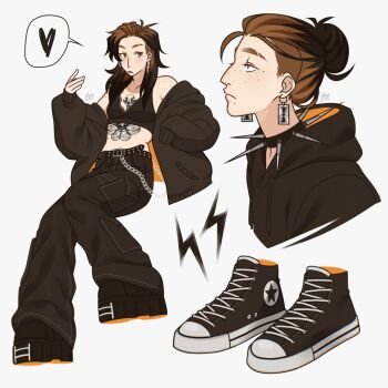 Rule 34 | 1girl, belt, black belt, black bra, black hair, black hoodie, black pants, black shoes, bra, breasts, brown hair, cargo pants, chain, chest tattoo, collar, commentary, converse, cross, cross earrings, earrings, english commentary, freckles, frilled bra, frills, frown, gluca, hair bun, heart, highres, hood, hoodie, jewelry, mole, mole under mouth, multicolored hair, pants, razor blade earrings, real life, self-portrait, shoes, signature, single hair bun, small breasts, sneakers, spiked collar, spikes, spoken heart, stomach tattoo, streaked hair, tattoo, two-tone hair, underwear