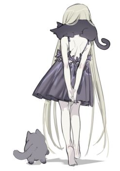 1girl abigail_williams_(fate) absurdres animal animal_on_shoulder back bare_shoulders barefoot black_cat black_dress cat cat_on_shoulder dress fate/grand_order fate_(series) from_behind full_body grey_hair highres long_hair luthar_(fate) nemo_(leafnight) nosh_(fate) simple_background sketch solo very_long_hair walking white_background