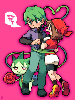 Rule 34 | 1boy, 1girl, bandana, bike shorts, blue eyes, blush, bound, brown hair, drew (pokemon), full body, gen 3 pokemon, green hair, may (pokemon), nintendo, pokemon, pokemon (anime), pokemon (creature), pokemon rse (anime), red bandana, red shirt, roselia (pokemon), shirt, smug, squiggle, sweat, tied up (nonsexual), tsunoji, vine whip