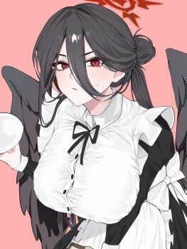 1girl absurdres alternate_costume apron black_hair black_ribbon black_wings blue_archive blush breasts bursting_breasts button_gap choshi collared_shirt commentary cowboy_shot feathered_wings hair_between_eyes hair_bun halo hasumi_(blue_archive) highres holding large_breasts looking_at_viewer maid maid_apron pink_background red_eyes red_halo ribbon shirt simple_background solo sweatdrop taut_clothes taut_shirt white_shirt wings