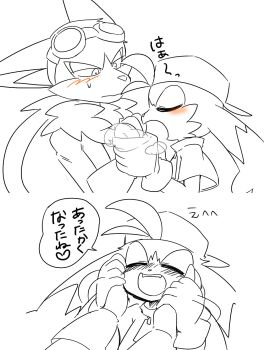 2koma age_difference artist_request bandai_namco black_fur blush cat child comic furry goggles guntz hands_on_another&#039;s_face hat highres japanese_text kaze_no_klonoa klonoa klonoa_heroes long_ears shota size_difference smile sweatdrop warming warming_hands wolf yaoi