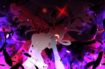 1girl 1other artist_request aura bare_legs black_ribbon black_wings breasts buttons cowboy_shot creature creepy demon devil_fruit dress empty_eyes evil_grin evil_smile eyelashes fangs floating_hair frilled_dress frills gradient_background grin hair_over_one_eye hair_rings hat headphones lips long_hair long_sleeves looking_at_viewer multicolored_hair music musical_note neck_ribbon one_piece one_piece_film:_red open_clothes open_mouth puffy_long_sleeves puffy_sleeves purple_eyes red_hair ribbon shaded_face sharp_teeth sidelocks size_difference skull sleeves_past_wrists smile split-color_hair summoning teeth tot_musica_(one_piece) two-tone_hair uta_(one_piece) white_dress white_hair wide_hips wind wings yandere