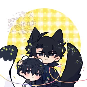 2boys :&lt; animal_ears black_coat black_eyes black_hair black_shirt cat_ears cat_tail coat collared_shirt commentary double-parted_bangs hair_between_eyes hand_on_another&#039;s_head height_difference highres kemonomimi_mode kim_dokja kimidori_22 looking_at_viewer male_focus mouse_ears mouse_tail multiple_boys omniscient_reader&#039;s_viewpoint open_clothes open_coat popped_collar shirt short_hair smile symbol-only_commentary tail upper_body white_coat yoo_joonghyuk