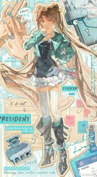 1girl aqua_background aqua_jacket aqua_leg_warmers aqua_nails arm_belt bead_necklace beads belt belt_buckle black_belt black_boots black_shirt blue_bow blue_bowtie blue_flower boots bow bowtie braid brown_eyes brown_hair brown_outline buckle bun_with_braided_base buttons chinese_commentary clipboard collarbone commentary_request double_bun english_text eyelashes flower full_body hair_bun hair_flower hair_ornament hairclip hand_on_own_chin hand_on_own_hip high_heel_boots high_heels highres jacket jewelry knee_boots leg_warmers light_blush long_hair long_sleeves looking_at_viewer microskirt multicolored_hair multiple_belts nail_art nail_polish necklace notebook open_belt open_clothes open_jacket original outline paper paperclip parted_lips pink_hair pleated_skirt shirt shoe_belt skirt solo speech_bubble standing stiletto_heels strapless strapless_shirt streaked_hair striped_clothes striped_shirt studded_belt sudong_tangyuan teeth thighhighs thinking twintails two-tone_background vertical-striped_clothes vertical-striped_shirt very_long_hair watermark weibo_watermark white_background white_skirt white_thighhighs y2k_fashion