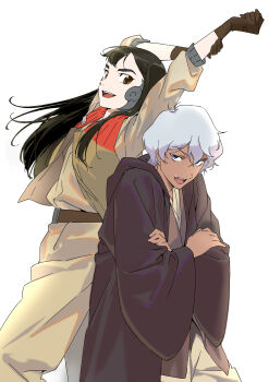 Rule 34 | 1boy, 1girl, black hair, blue eyes, brown gloves, cotards27, crossed arms, dark-skinned male, dark skin, gloves, green eyes, grey hair, highres, jedi, jumpsuit, long hair, open mouth, scar, scar on face, star wars, star wars: visions, stretching, tan, teeth, upper teeth only, vest, white background