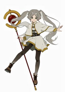 1girl absurdres belt black_belt black_pantyhose boots brown_boots capelet closed_mouth commentary dress earrings floating_hair frieren full_body gradient_pantyhose green_eyes grey_background grey_hair grey_pantyhose highres holding holding_staff iwakoo jewelry lace-up_boots leg_up long_hair long_sleeves looking_down outstretched_arm pantyhose parted_bangs shirt simple_background skirt solo sousou_no_frieren staff standing striped_clothes striped_shirt twintails very_long_hair white_capelet white_dress white_skirt