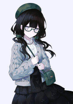 Rule 34 | 1girl, bag, beret, bespectacled, black hair, black skirt, blunt bangs, book off, cable knit, cardigan, closed mouth, commentary request, cowboy shot, double-parted bangs, glasses, glazearty, green-framed eyewear, green bag, green hat, green scrunchie, grey cardigan, grey eyes, hair ornament, hair scrunchie, hat, highres, holding strap, jewelry, kurobe nanoka, long hair, looking at viewer, low twintails, mahou shoujo no majo saiban, necklace, official alternate costume, open cardigan, open clothes, scrunchie, semi-rimless eyewear, shirt, shoulder bag, simple background, skirt, solo, twintails, under-rim eyewear, white background, white shirt