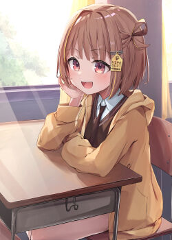 1girl :d absurdres blush brown_necktie brown_sweater_vest chair classroom collared_shirt desk hair_ornament hair_rings hands_on_table head_rest highres hood hood_down hooded_jacket indoors jacket looking_at_viewer necktie on_chair open_mouth orange_eyes sakahana school_chair school_desk sendo_yuuhi sendo_yuuhi_(1st_costume) shirt short_hair single_hair_ring sitting smile solo sweater_vest virtual_youtuber vspo! white_shirt window yellow_jacket