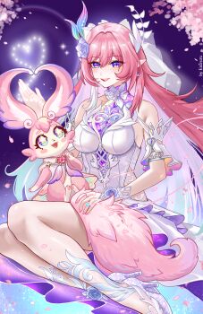 1girl absurdres animal animal_on_lap bilingual_commentary blue_eyes boots breasts bridal_veil cherry_blossoms colored_inner_hair cyrene_(honkai:_star_rail) cyrene_(ripples_of_past_reverie)_(honkai:_star_rail) diamond-shaped_pupils diamond_(shape) dress earrings eravuru flower hair_flower hair_ornament halo heart high_heel_boots high_heels highres honkai:_star_rail honkai_(series) jewelry large_breasts long_hair mixed-language_commentary multicolored_hair on_lap pink_hair pointy_ears purple_eyes symbol-shaped_pupils tail two-tone_hair veil very_long_hair white_dress white_hair