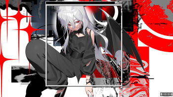 1girl absurdres barcode commentary commission english_commentary glasses hair_between_eyes highres long_hair original red_eyes signal_1120 signature skeb_commission solo wings