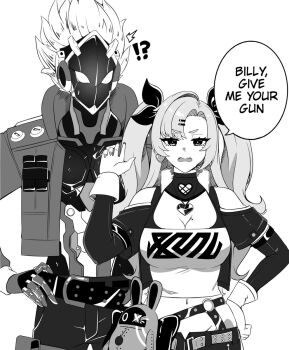 1boy 1girl bangboo_(zenless_zone_zero) billy_kid breasts greyscale humanoid_robot large_breasts lion_space long_hair mechanical_arms monochrome nicole_demara robot short_hair twintails zenless_zone_zero