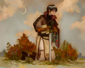 Rule 34 | 1boy, black boots, black gloves, black hair, boots, bush, closed mouth, cloud, cloudy sky, commentary, crescent moon, day, english commentary, flower, full body, gauntlets, gloves, high collar, holding, holding sword, holding weapon, knee guards, kneeling, male focus, mogoshin, moon, original, outdoors, pants, planted, planted sword, planted weapon, profile, purple flower, shirt, short hair, sky, solo, sword, tunic, turtleneck, turtleneck shirt, two-sided fabric, undershirt, weapon, white pants