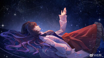 1girl beret black_hair black_hat black_pantyhose blue_vest bow cardigan center_frills chinese_commentary collared_shirt commentary_request commission constellation feet_out_of_frame frilled_skirt frills from_side gradient_hair hair_between_eyes hair_spread_out hand_up hat heroine_(lovebrush_chronicles) highres knees_up lapels light_particles long_hair long_sleeves looking_at_viewer looking_up lovebrush_chronicles lying medium_skirt multicolored_hair notched_lapels on_back on_liquid open_cardigan open_clothes pantyhose parted_lips pinstripe_pattern pinstripe_vest profile purple_eyes purple_hair red_bow red_skirt reflection reflective_liquid ripples shiling shirt sketchbook skirt sky solo star_(sky) starry_sky vest waist_bow watermark wavy_hair weibo_watermark white_cardigan white_shirt