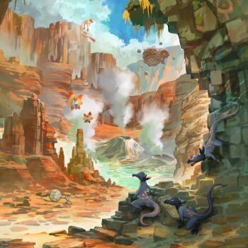 Rule 34 | artist request, blue sky, closed mouth, cloud, fangs, floating, gen 1 pokemon, gen 5 pokemon, gen 7 pokemon, geodude, legendary pokemon, lizard, mew (pokemon), mythical pokemon, nintendo, no humans, official art, outdoors, pokemon, pokemon (creature), pokemon focus, pokemon tcg, pokemon tcg pocket, salandit, sky, steam, third-party source, volcarona, weezing