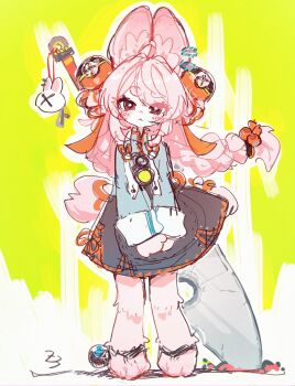 1girl :&lt; absurdres ahoge animal_ear_fluff animal_ear_piercing animal_ears animal_feet anklet blush braid braided_twintails bright_pupils charm_(object) chinese_clothes full_body furry furry_female green_background green_shirt highres jewelry long_hair looking_at_viewer medallion nendo23 pink_fur pink_hair rabbit_girl red_eyes screw shirt short_eyebrows solo standing sword thick_eyebrows twintails two-tone_background weapon weapon_on_back white_background white_pupils zenless_zone_zero zhao_(zenless_zone_zero)