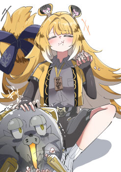 +++ 1girl absurdres animal_ear_fluff animal_ears blush bow caseee999 closed_eyes closed_mouth colored_inner_hair commentary_request eating food food_on_face grey_shirt high-waist_shorts highres holding holding_food hu_wei_(zenless_zone_zero) jacket ju_fufu long_hair looking_at_another motion_lines multicolored_hair no_shoes popcorn shirt shorts simple_background sitting socks sound_effects striped_fur striped_hair tail tail_bow tail_ornament tiger_ears tiger_girl tiger_stripes tiger_tail white_background white_socks yellow_jacket zenless_zone_zero