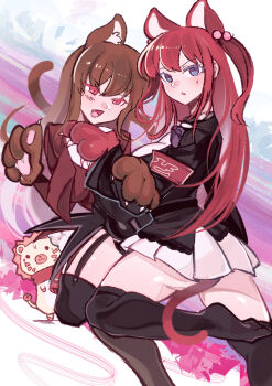 Rule 34 | 2girls, absurdres, animal ears, animal hands, armband, ass, blue eyes, bow, breasts, brown hair, cat ears, cat girl, cat tail, cicococo, claws, fang, garter straps, gloves, hair bobbles, hair ornament, highres, jacket, kemonomimi mode, large breasts, long hair, mammon (umineko), multiple girls, paw gloves, red armband, red eyes, red hair, sakutarou (umineko), showgirl skirt, skirt, slit pupils, smile, sweatdrop, tail, thighhighs, twintails, two side up, umineko no naku koro ni, ushiromiya ange, white skirt