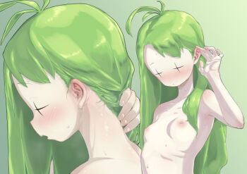 Rule 34 | + +, ..., 1girl, antenna hair, blush, breasts, closed mouth, commentary request, completely nude, green hair, long hair, looking at viewer, man (man-room), multiple views, nape, nipples, nude, open mouth, shirt, small breasts, tone sphere, translation request, trin (tone sphere), upper body
