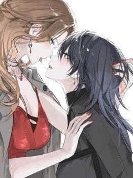 2girls absurdres after_kiss augustus_(path_to_nowhere) black_hair black_shirt blue_eyes blush brown_hair chief_(path_to_nowhere) collared_shirt dress earrings eye_contact female_chief_(path_to_nowhere) from_side grey_eyes grey_jacket hand_in_another&#039;s_hair highres jacket jacket_on_shoulders jewelry long_hair looking_at_another multiple_girls parted_lips path_to_nowhere red_dress red_nails saliva saliva_trail seol_(baconontheclock) shirt simple_background white_background yuri