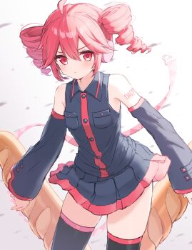 1girl absurdres ahoge baguette bare_shoulders black_boots blue_shirt blue_skirt boots bread breast_pocket closed_mouth collared_shirt detached_sleeves double-parted_bangs food frown hair_between_eyes hashtag-only_commentary highres kasane_teto looking_at_viewer miniskirt number_tattoo pocket red_eyes red_hair red_trim shirai_sahuni shirt shoulder_tattoo skirt skirt_set sleeveless sleeveless_shirt tattoo thigh_boots utau white_background