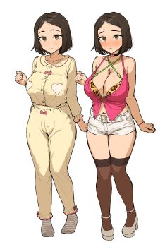 1girl animal_print belt blush breasts brown_eyes brown_hair choker cleavage hair_ornament hairclip high_heels jewelry kono_(yuri_kotone_ero) large_breasts looking_at_viewer midriff multiple_views navel pajamas pants shirt short_hair short_shorts shorts simple_background smile socks takenoko_no_you thighhighs white_background white_belt