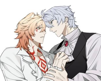 2boys alternate_costume antenna_hair arm_tattoo ascot black_vest blonde_hair blue_eyes braid chest_tattoo commentary_request facial_tattoo frilled_shirt frills gradient_hair halloween_costume holding_another&#039;s_wrist honkai:_star_rail honkai_(series) korean_commentary male_focus medium_hair multicolored_hair multiple_boys mydei_(honkai:_star_rail) neck_tattoo parted_bangs phainon_(honkai:_star_rail) red_hair red_tattoo shirt short_hair side_braid simple_background sun_symbol sun_tattoo tan tattoo vest white_ascot white_background white_hair white_shirt wish_0812 yaoi yellow_eyes